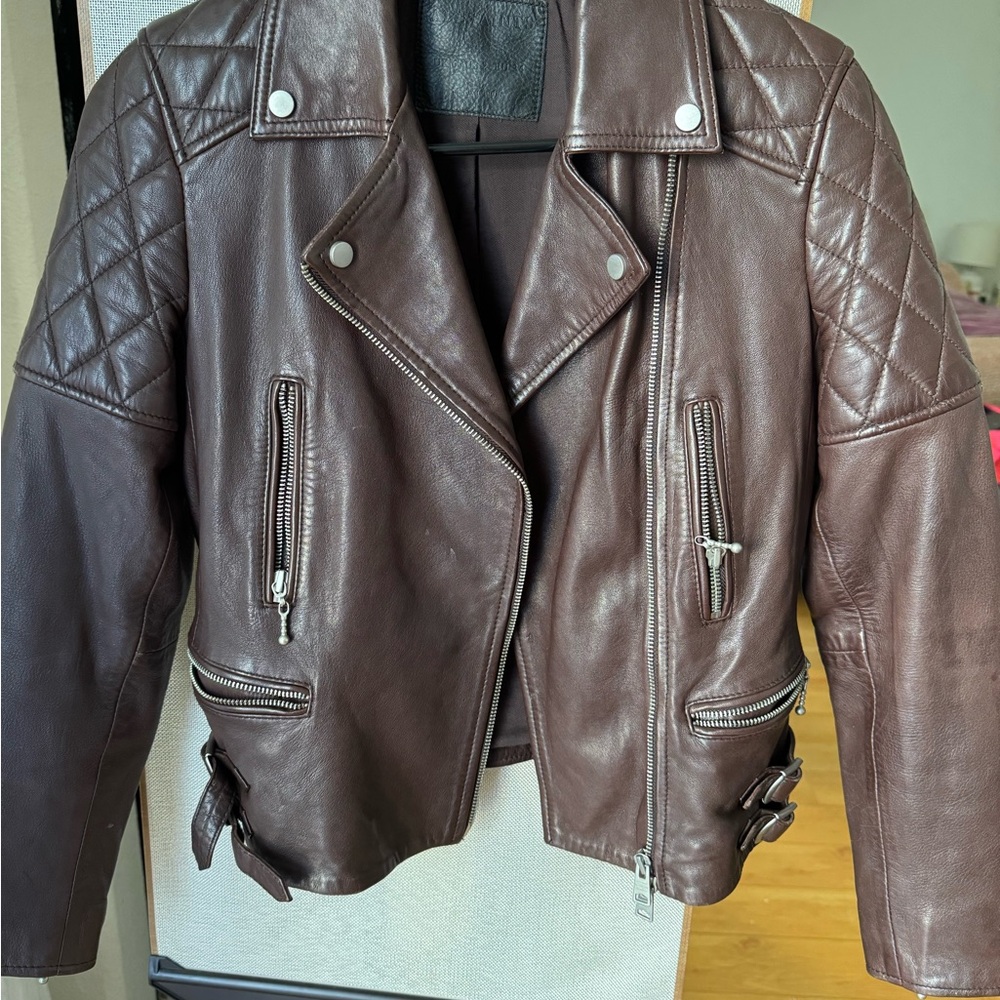 Allsaint Brown Leather Biker Jacket 0/XS